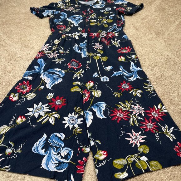 Ann Taylor Jumpsuit Womens 12 Navy Floral Wide Leg Gaucho Cropped Bohemian Flowy - Picture 2 of 12
